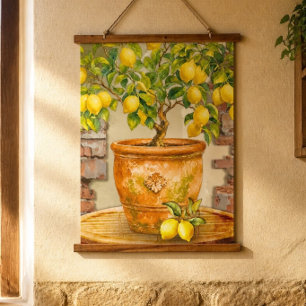 Rustic Watercolor Mediterranean Lemon Tree Hanging Tapestry