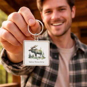 Rustic Watercolor Moose Custom Cabin Forest Art Key Ring