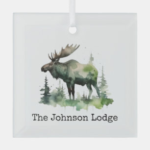 Rustic Watercolor Moose Forest Cabin Keepsake Glass Tree Decoration