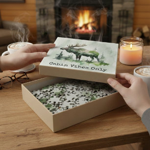 Rustic Watercolor Moose Personalised Family Forest Jigsaw Puzzle
