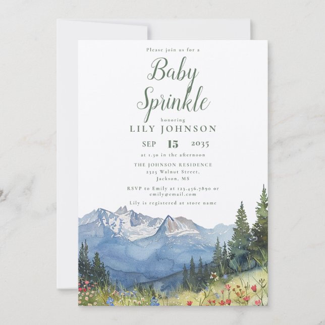 Rustic Watercolor Mountain Baby Shower Sprinkle Invitation (Front)