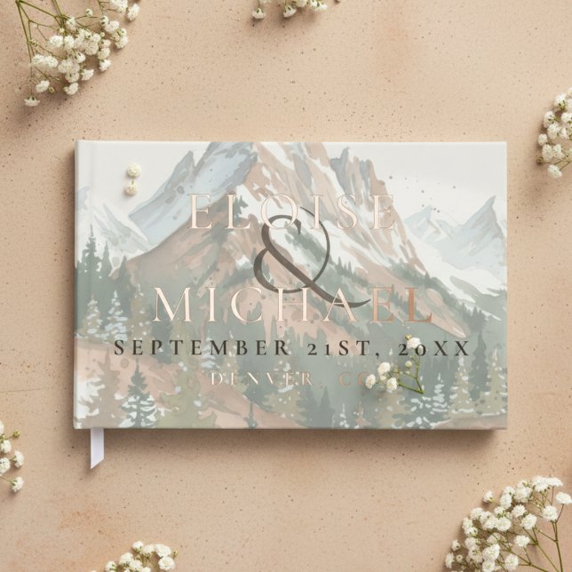 Rustic Watercolor Mountain Copper Brown Wedding Guest Book (Rustic Watercolor Mountain Copper Brown Wedding Foil Guest Book)