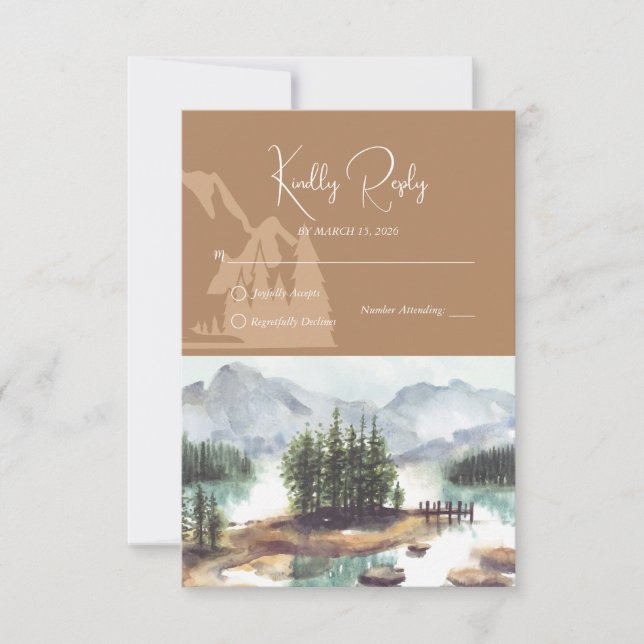 Rustic Watercolor Mountain Forest Lake Wedding RSVP Card (Front)