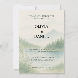 Rustic Watercolor Mountain Forest Pine Wedding Invitation