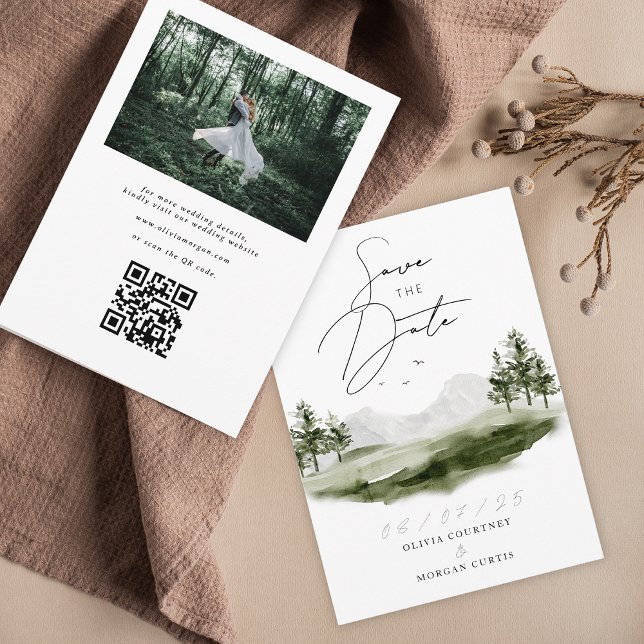 Rustic Watercolor Mountain Forest Wedding Photo Save The Date (Creator Uploaded)