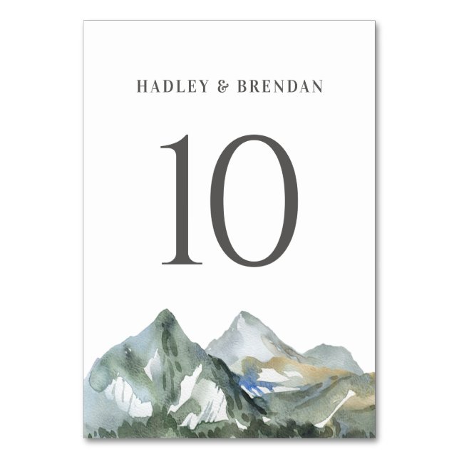Rustic Watercolor Mountain Forest Wedding Table Number (Front)