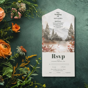 Rustic Watercolor Mountain Forest Winter  All In One Invitation