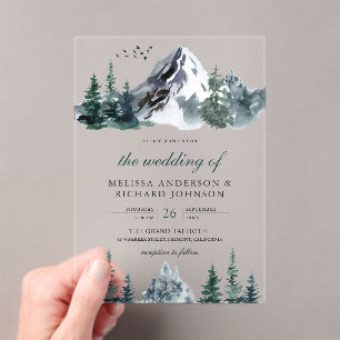 Rustic Watercolor Mountain Forest Winter Wedding Acrylic Invitations