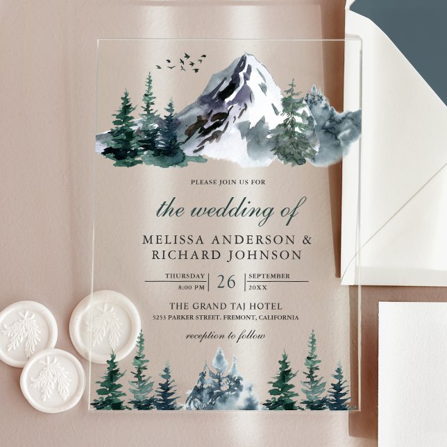 Rustic Watercolor Mountain Forest Winter Wedding Acrylic Invitations (Creator Uploaded)