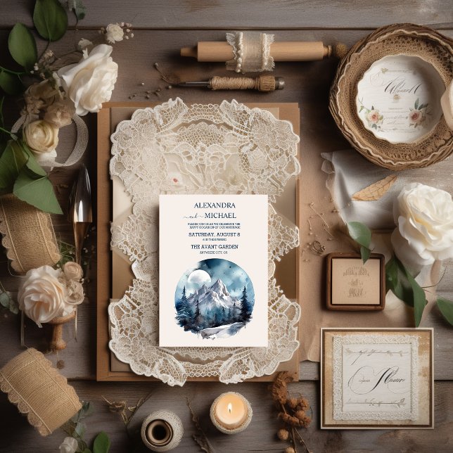 Rustic Watercolor Mountain Forest Winter Wedding Invitation (Creator Uploaded)