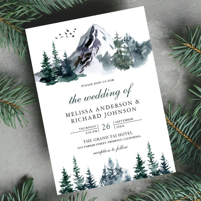 Rustic Watercolor Mountain Forest Winter Wedding Invitation (Creator Uploaded)