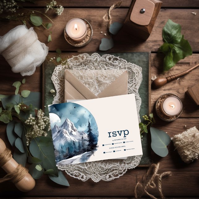 Rustic Watercolor Mountain Forest Winter Wedding RSVP Card (Creator Uploaded)