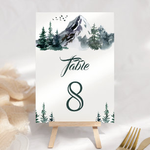 Rustic Watercolor Mountain Forest Winter Wedding Table Number