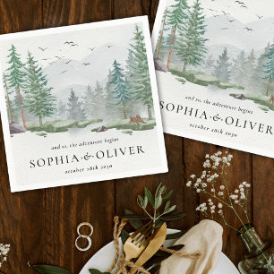 Rustic Watercolor Mountain Green Pine Tree Wedding Napkin