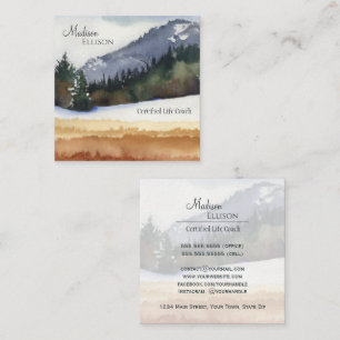 Rustic Watercolor Mountain Pine Forest Square Business Card
