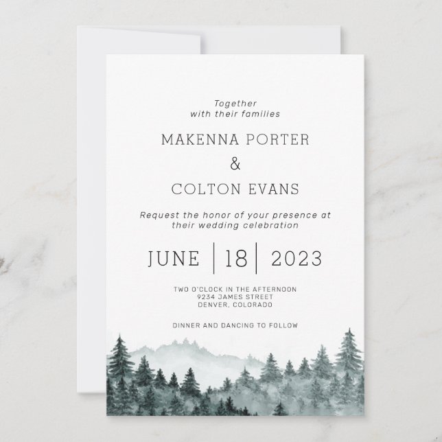 Rustic Watercolor Mountain Pine Tree Wedding Invitation (Front)