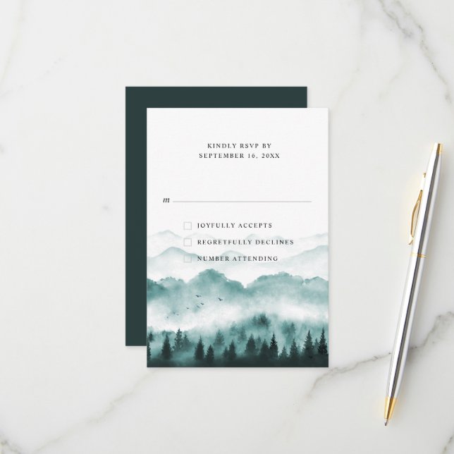 Rustic Watercolor Mountain Pine Trees RSVP Card (Front/Back In Situ)