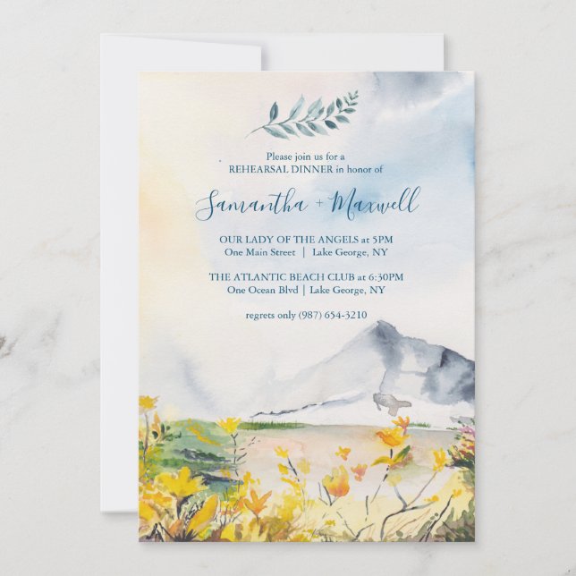 Rustic Watercolor Mountain Rehearsal Dinner Invitation (Front)