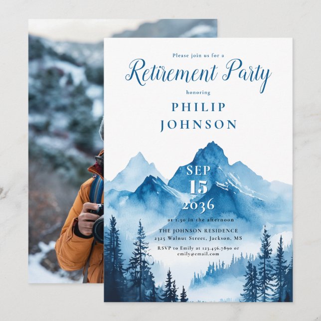 Rustic Watercolor Mountain Retirement Party Photo Invitation (Front/Back)