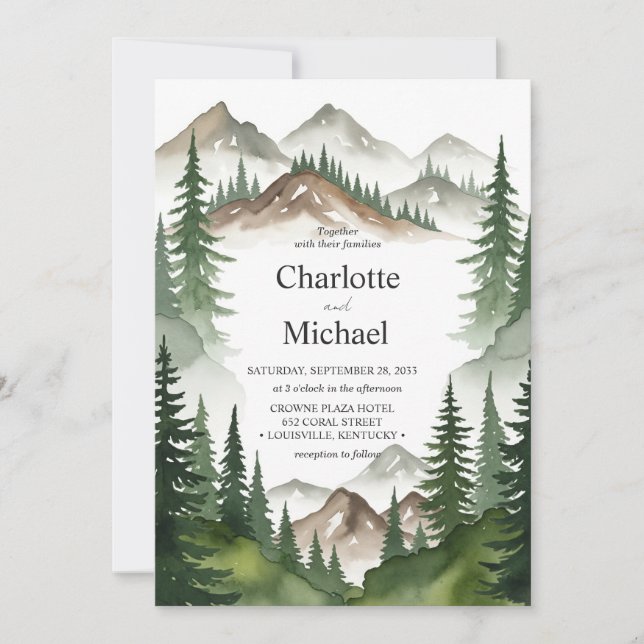 Rustic Watercolor Mountain Wedding Invitation Card (Front)