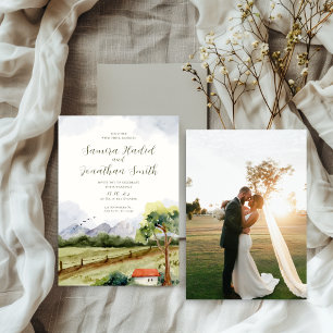 Rustic Watercolor Mountain Wedding Photo Invitation
