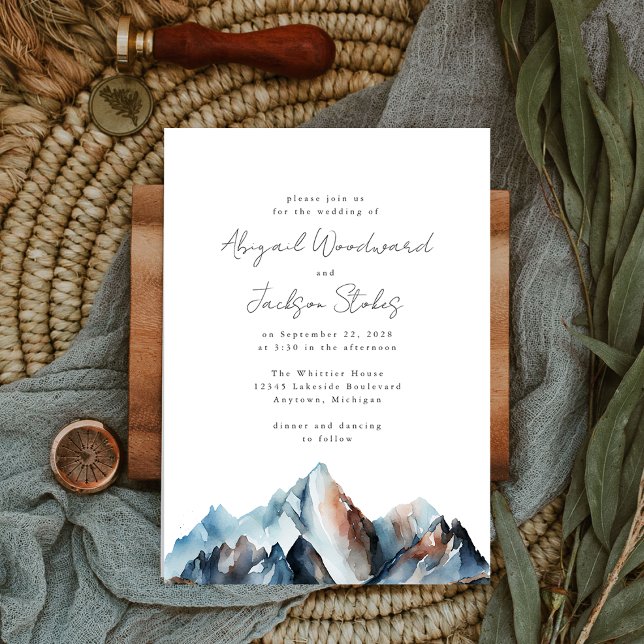 Rustic Watercolor Mountains Blue Grey Rust Wedding Invitation (The perfect invitation choice for a rustic mountain wedding.)