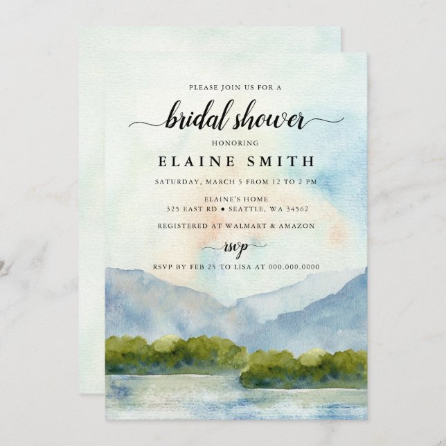 Rustic Watercolor Mountains Lake Bridal Shower  Invitation (Front/Back)