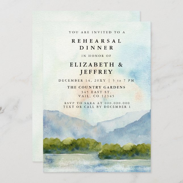Rustic Watercolor Mountains Lake Rehearsal Dinner  Invitation (Front/Back)