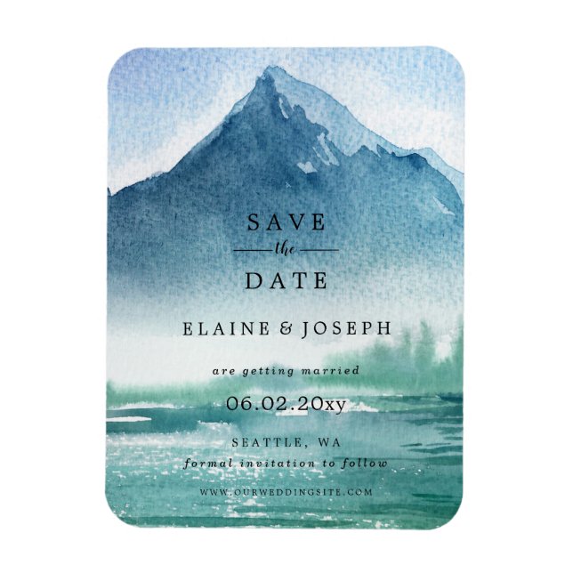 Rustic Watercolor Mountains Lake Save The Date Magnet (Vertical)