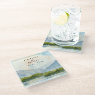 Rustic Watercolor Mountains Lake Winter Wedding Glass Coaster