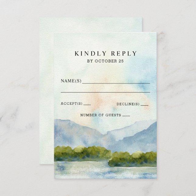 Rustic Watercolor Mountains Lake Winter Wedding  RSVP Card (Front/Back)