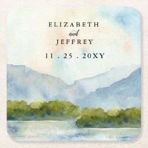 Rustic Watercolor Mountains Lake Winter Wedding Square Paper Coaster