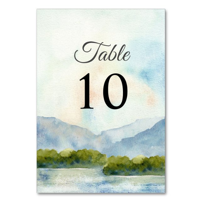 Rustic Watercolor Mountains Lake Winter Wedding  Table Number (Front)
