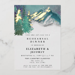 Rustic Watercolor Mountains Pine Rehearsal Dinner