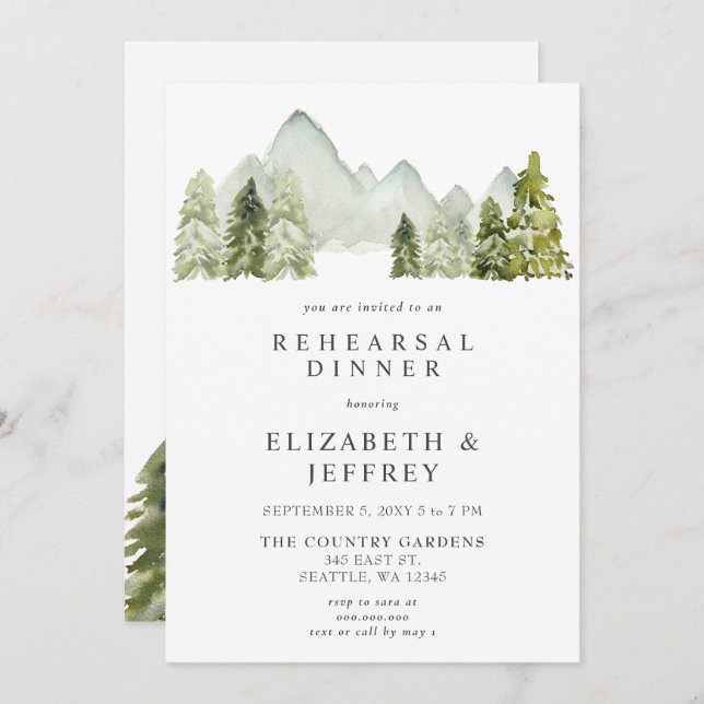 Rustic Watercolor Mountains Pine Rehearsal Dinner Invitation (Front/Back)