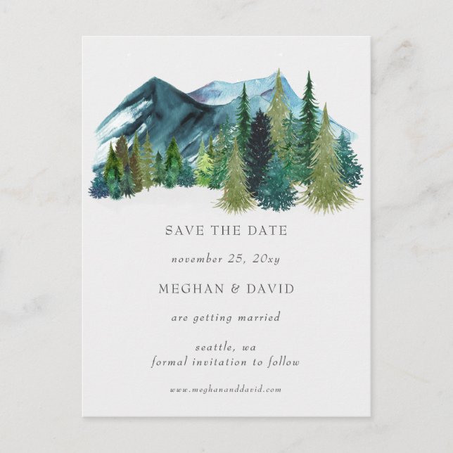 Rustic Watercolor Mountains Pine Save The Date    Announcement Postcard (Front)