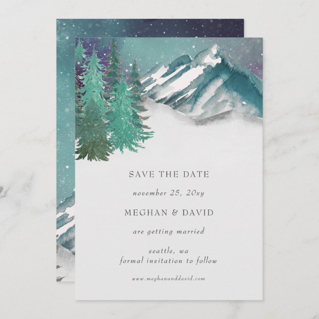 Rustic Watercolor Mountains Pine Save The Date    Invitation (Front/Back)