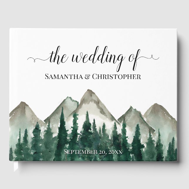 Rustic Watercolor Mountains & Pine Trees Wedding Guest Book (Front)