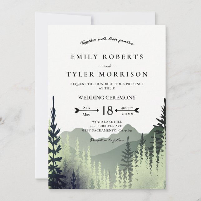 Rustic Watercolor Mountains Pine Trees Wedding Invitation (Front)