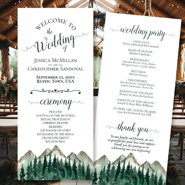 Rustic Watercolor Mountains & Pine Wedding Program (Front/Back)