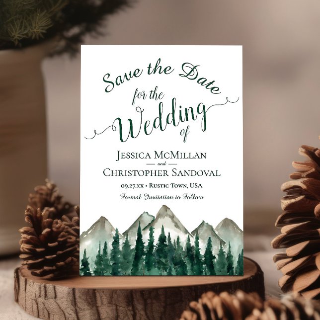 Rustic Watercolor Mountains & Pine Wedding Save The Date (Creator Uploaded)