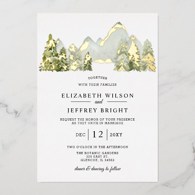 Rustic Watercolor Mountains Pine Winter Wedding  (Front)