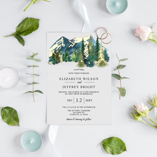 Rustic Watercolor Mountains Pine Winter Wedding   (Rustic Watercolor Mountains Pine Winter Wedding Foil Invitation )