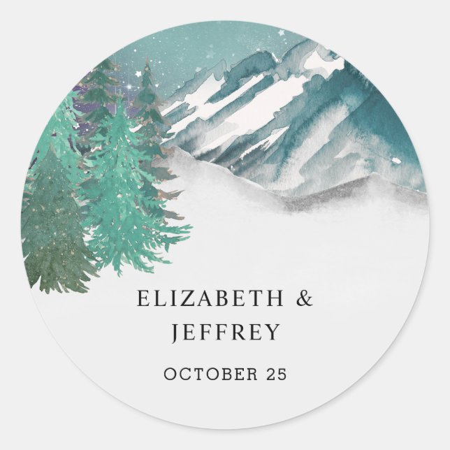 Rustic Watercolor Mountains Pine Winter Wedding   Classic Round Sticker (Front)
