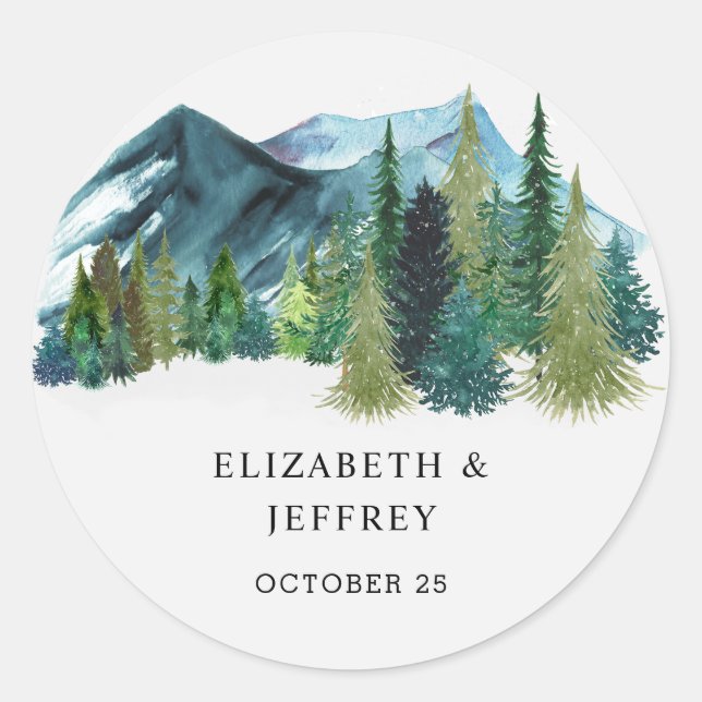Rustic Watercolor Mountains Pine Winter Wedding   Classic Round Sticker (Front)