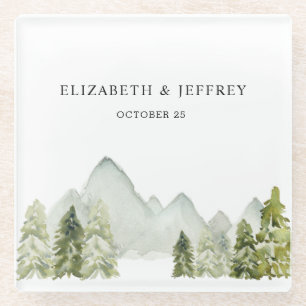 Rustic Watercolor Mountains Pine Winter Wedding Glass Coaster