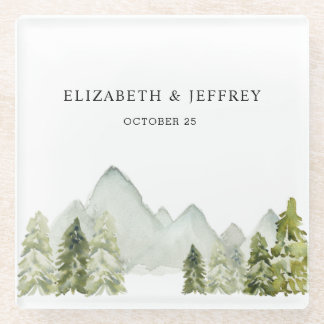 Rustic Watercolor Mountains Pine Winter Wedding Glass Coaster