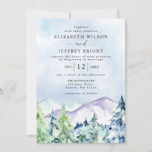 Rustic Watercolor Mountains Pine Winter Wedding   Invitation