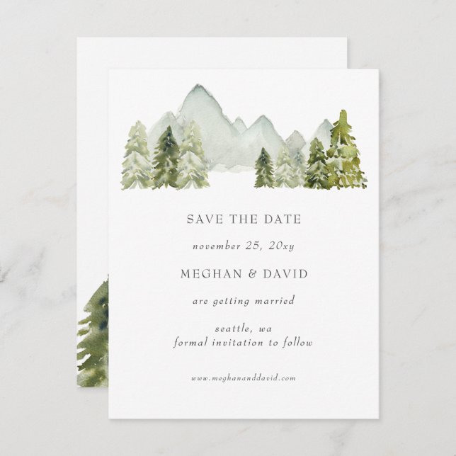 Rustic Watercolor Mountains  Save The Date  Announcement (Front/Back)