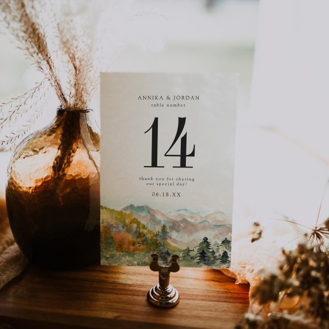 Rustic Watercolor Mountains Wedding Table Number Postcard (Creator Uploaded)